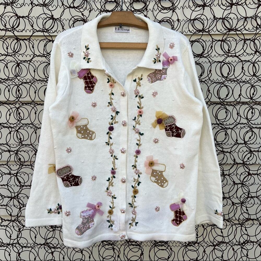 Vintage 90s BP Designs pastel romantic Christmas button down cardigan sweater